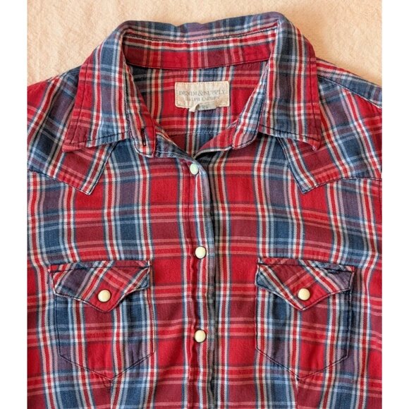 Ralph Lauren Denim Supply Western Red Cotton Flannel Studded Eagle Pearl Snap MD - Picture 5 of 10